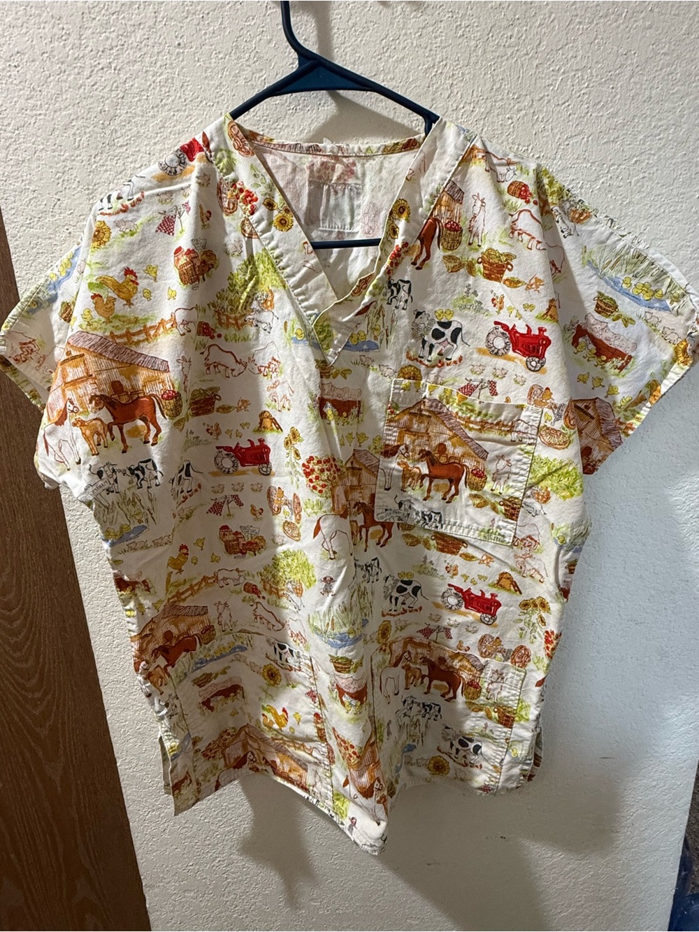 Women's Farm Print V-Neck Scrub Top - White with Multi-Color